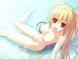 bamboo_blade blonde_hair breasts chiba_kirino highres ninozen nipples nude open_mouth pussy red_eyes uncensored water