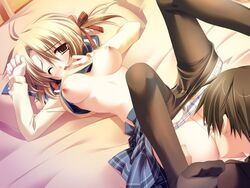 blonde_hair blush breasts censored feet game_cg mashiro_botan nipples panties panty_pull pantyhose pantyhose_pull pantyshot ribbon school_uniform shiraishi_yukana shirt_lift tied_hair twintails underwear upskirt yellow_eyes