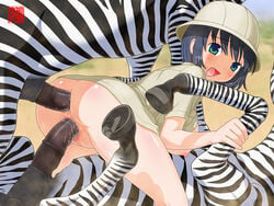 anal zoophilia breasts cum cum_inside double_penetration from_behind hat machino_henmaru penis safari_hat sex vaginal_penetration vaginal_penetration zebra zoophilia