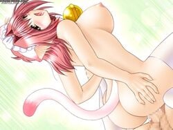 animal_ears ass blush breasts brown_eyes cat_ears cat_tail cat_tails catgirl censored fur nude red_hair short_hair sideboob tail thighhighs