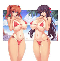 2girls ai_miori bakunyuu_maid_gari beach bikini black_hair blue_eyes breasts cameltoe erect_nipples_under_clothes female female_only human large_breasts long_hair mogudan multiple_females multiple_girls orange_hair shirasaki_miwako swimsuit tanline tied_hair twintails uncensored