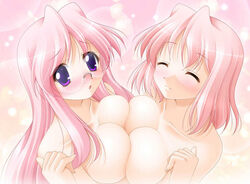 2girls big_breasts blush breast_press color female female_only glasses huge_breasts human lucky_star miyuki_takara multiple_females multiple_girls narutaki_shin nude nude_female pink_background pink_hair purple_eyes yukari_takara yuri