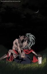 1boy 1girls blue_hair breasts brown_eyes dark female field grass hair highres jackie_diaz jpeg_artifacts kissing lantern long_hair male moon night nude outdoors ryoko_hakubi sex sky spiked_hair star star_(sky) starry_sky stars straight tenchi_masaki tenchi_muyo! tied_hair twintails upright_straddle