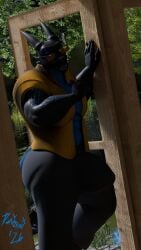 2026 abs anthro big_bulge black_body blender_(artwork) blender_cycles_(artwork) blue_eyes bottomwear bulge clothed clothing digital_media_(artwork) domizoni doorway dragon eyewear hand_on_door hi_res horn male markings markings_on_body muscular muscular_anthro muscular_male mythological_creature mythological_scalie mythology nightshade_(dragonofdarkness1992) open_clothing open_mouth open_shirt open_topwear pants pinup pose scalie shirt solo sunglasses topwear wearing_sunglasses