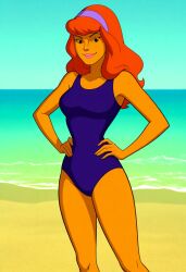 1girls ai_generated beach cartoon_network daphne_blake hands_on_hips hanna-barbera looking_at_viewer one_piece_swimsuit scooby-doo solo standing swimsuit warner_bros warner_brothers