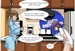 2girls after_sex ai_generated ai_jago_dibuja bathrobe blue_eyes bottomless bottomless_female brown_hair comic countertop cum cum_inside cum_leaking_out dialogue dripping dripping_cum elly_(living_with_hipstergirl_and_gamergirl) erika_(living_with_hipstergirl_and_gamergirl) exhausted glasses hazel_eyes holding_coffee_mug holding_object holding_stomach hunched_over kitchen kitchen_appliance kitchen_background kitchen_counter kitchen_setting large_breasts living_with_hipstergirl_and_gamergirl messy_hair parody_comic partially_clothed ponytail purple_hair small_breasts smile standing t-shirt t-shirt_only talking talking_to_another text text_bubble tired tired_look