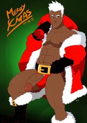 1boy abs artist_signature bag ball_bulge beard belt belt_buckle body_hair boots christmas christmas_card christmas_greeting dark-skinned_male erect_nipple exposed_nipple exposed_penis facial_hair foreskin foreskin_folds gloves holding_object human intact large_penis looking_to_the_side male male_nipples male_only male_pubic_hair mi_o_(artist) muscles muscular_male open_coat pecs penis penis_out presenting_penis retracted_foreskin santa_costume semi-erect shorts_down solo uncut veiny_penis white_hair