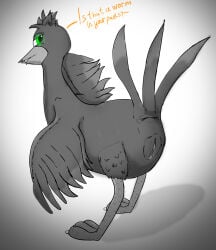 anus avian banjo-kazooie big_anus bird bodily_fluids female feral genitals glowing glowing_eyes green_eyes hi_res kazooie looking_at_viewer looking_back monochrome rareware solo talking_to_viewer tongue tongue_out udbebu vulva
