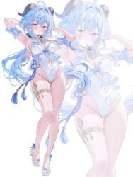 1girls blue_hair breasts female ganyu_(genshin_impact) genshin_impact goat_horns horns long_hair medium_breasts multiple_views pekokota purple_eyes swimsuit tying_hair white_swimsuit