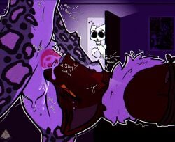 absurd_res anthro arms_tied azrael_shaw balls bodily_fluids bound canid canid_demon canine caught_in_the_act chest_tuft cum cum_in_mouth cum_inside demon door duo ellipsis fangs felid fur genital_fluids genitals hellhound hi_res hugo_(justasleepysnep) irrumatio justasleepysnep lying male male/male mammal motion_lines multicolored_body multicolored_fur mythological_canine mythological_creature mythology neck_bulge on_back onomatopoeia oral oral_penetration pantherine penetration penile penis penis_in_mouth poster rope sex snow_leopard sound_effects standing tears teeth text throat_swabbing tongue tuft ych_(character)