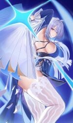 1girls big_breasts breast_out breasts exposed_breasts fan female hoyoverse large_breasts long_hair mihoyo purple_eyes sideboob thighhighs velina_(zenless_zone_zero) velina_airgid white_hair white_thighhighs zenless_zone_zero