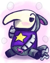 andromorph animal_crossing anteater anthro antonio_(animal_crossing) blush clothing crossgender genitals giant_anteater grey_body half-closed_eyes hi_res intersex mammal mta_crossgender mti_crossgender narrowed_eyes nintendo pilosan presenting presenting_vulva purple_clothing purple_shirt purple_topwear shirt solo spongestick594 spread_vulva spreading tan_face topwear vulva xenarthran