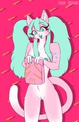 anthro areola bag blue_areola blue_eyes blue_insides blue_mouth blue_nipples blue_nose blue_vulva breasts cat_tail cosplay domestic_cat felid feline felis female fluffy food fries genitals hair hi_res lien_kitoki long_hair long_tail mammal nails nipples nude nude_anthro nude_female paper_bag ponytail smile smiling_at_viewer solo tail unusual_insides vulva
