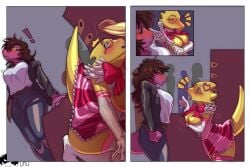 2026 3_panel_comic absurd_res age_difference alphys anthro armwear blush bottomwear bow_(feature) bow_ribbon breasts brown_hair buckteeth caught_in_the_act clothed clothing comic cosplay deltarune denim denim_bottomwear denim_clothing dress elbow_gloves erection eyewear female frilly frilly_clothing genitals glasses gloves group hair handwear hi_res human interrupted jeans kris_dreemurr kristhianquint4 legwear lizard lobotomy_corporation male male/female mammal non-mammal_breasts older_female pants penis project_moon public public_sex purple_body purple_scales reptile scales scalie sex stealth_sex stockings student susie_(deltarune) tail teacher teacher_and_student teeth the_queen_of_hatred thigh_highs trio undertale_(series) yellow_body yellow_scales younger_male