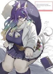 2026 absurd_res anthro big_breasts biped breasts canid canine canis clothed clothing colored detailed digital_drawing_(artwork) digital_media_(artwork) dipstick_tail domestic_dog duo ear_piercing english_text eyewear fainted female fur glasses hair hecate_(tas) hi_res huge_breasts japanese_description kemono lifewonders male male/female mamemochi_hobby mammal markings on_lap overweight overweight_female piercing portrait pose purple_eyes purple_hair shaded sitting sitting_on_another sitting_on_lap tail tail_markings text three-quarter_portrait tokyo_afterschool_summoners unconscious_male white_body white_fur worried worried_face worried_for_other