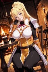 1girl ai_generated armor black_bodysuit blonde_hair bodysuit breastplate breasts candle chair darkness_(konosuba) gloves hair_ornament hi_res high_ponytail high_quality high_resolution kiraamane kono_subarashii_sekai_ni_shukufuku_wo! large_breasts long_hair looking_at_viewer patreon ponytail seductive sexy shiny shoulder_armor sitting smile solo uncensored watermark x_hair_ornament