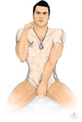 1boy black_hair caucasian caucasian_male covering covering_crotch covering_penis kaidan_alenko male male_only mass_effect pubic_hair shirt_only solo solo_focus solo_male tagme_(artist) wet wet_body wet_clothes wet_clothing wet_shirt wet_skin