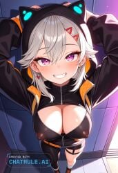 1girl absurd_res ai_assisted ai_generated black_clothing black_leggings devious_grin first_person_perspective grey_hair hands_above_head hard_nipples hood_up large_breasts lustful medium_hair perfect_ass posing_for_viewer purple_eyes seductive standing teeth tight_clothing white_socks