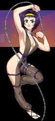 333_(dqqqdle) angry angry_expression angry_eyes angry_face cowboy_bebop crossover_cosplay faye_valentine fishnet_clothing fishnets half-dressed half_naked leash_and_collar leash_pull oola_(cosplay) pulling_on_leash purple_hair short_hair slave slave_collar slave_girl slave_outfit slavegirl