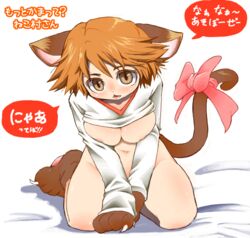 bed blush bottomless breasts brown_eyes brown_hair cat_ears cat_tail chinjuu_hibakichi claws female hanamura_yousuke large_breasts open_mouth persona persona_4 ribbon rule_63 shirt_lift short_hair sitting tagme underboob