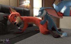 3_toes 3d_(artwork) 4_fingers absurd_res anal anal_penetration anthro anus balls bandicoot bed big_ears bilby bilby_(dreamworks) black_nose blender_(artwork) blender_cycles_(artwork) blue_body blue_fur bodily_fluids canid canine countershading crossover cum cum_in_ass cum_inside digital_media_(artwork) disney dreamworks duo english_text eyes_closed feet fingers fox fur furniture genital_fluids genitals gloves_(marking) green_eyes hand_on_butt hi_res inside kneeling larger_sub larrikins looking_at_another looking_at_partner low-angle_view male male/male mammal markings marsupial mouth_closed multiple_angles nick_wilde orange_body orange_fur pawpads paws penetration penis perry_(bilby) pink_nose pink_penis rasterraccoon red_fox side_view size_difference slightly_open_mouth smile standing submissive text toes true_fox watermark whiskers zootopia