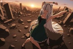 1girl ai_generated animal_ears arms_up atla_fayon black_footwear black_hair braid breasts cleavage closed_eyes closed_mouth collarbone digitalwaifugallery dress female female_only green_dress hi_res high_quality high_resolution jewelry long_hair medium_breasts multicolored_hair outdoors patreon patreon_username rock ruins seductive sexy sitting sky sleeveless sleeveless_dress smile solo streaked_hair stretching sunset tate_no_yuusha_no_nariagari twin_braids two-tone_hair uncensored very_long_hair watermark white_hair wristband