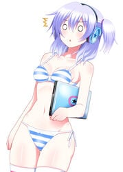 bare_shoulders blank_eyes blush bow_panties bra carrying character_request collarbone computer dutch_angle female headphones henshin!!!_~pantsu_ni_natte_kunkun_peropero~ laptop nase navel o_o panties ponytail purple_hair side-tie_panties side_ponytail simple_background solo standing striped striped_bra striped_panties surprised sweatdrop thighhighs tied_hair uncensored underwear white_background