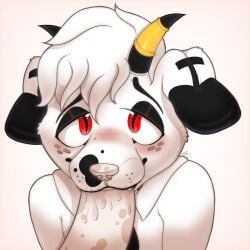 1:1 accessory anthro bangs bedroom_eyes big_penis black_body black_eyebrows black_eyelids black_fur black_horn black_markings black_necktie blush blush_lines blushing_at_viewer blushing_profusely bodily_fluids boss boss_and_employee canid canine canis cartoon_freckles clothed clothing demon domestic_dog dominant dominant_male drooling duo employee employee_uniform eyebrows fellatio freckled_face freckles fur genitals glistening_eyelids gold_(metal) gold_jewelry hair horn hybrid jewelry male male/male mammal markings narrowed_eyes necktie oral penile penis penis_in_mouth penis_spots pink_blush pink_nose pink_penis pupils red_eyes saliva sammywhich seductive service servicing servicing_blowjob sex shirt slit_pupils smile smiling_at_viewer solo_focus spots spotted_body spotted_fur spotted_genitalia spotted_markings spotted_nose spotted_penis submissive submissive_male teeth teeth_showing thin_eyebrows topwear uniform white_body white_clothing white_fur white_hair white_shirt white_shirt_collar white_topwear work_uniform