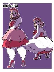 1girls ass bowtie_on_head clothing clown clown_makeup dmrt dress fat_ass female heels pink_hair pixi_payasita ribbon_in_hair sideboob simple_background skirt skirt_up twitter_username white-skin white_body