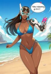 1girl ai_generated ass_visible_through_thighs beach bikini black_hair blue-tinted_eyewear blue_bikini blue_sky breasts brown_eyes brown_hair cellphone cleavage clothing cloud collarbone dark-skinned_female dark_skin day earrings english_text feet_out_of_frame female forehead_jewel headgear highleg highleg_bikini holding holding_phone jewelry large_breasts lips long_hair looking_at_viewer mechanical_arms navel o-ring o-ring_bikini ocean outdoors overwatch parted_lips phone prosthetic_arm sand side-tie_bikini_bottom single_mechanical_arm sky smartphone smile solo speech_bubble string_bikini sunglasses swimsuit symmetra thigh_gap tinted_eyewear water