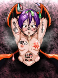 1girls after_oral after_sex armpit_showing arms_behind_back body_writing capcom condom corruption cum cum_filled_condom cum_in_mouth cum_on_breasts cumdump darkstalkers facing_viewer japanese_text lilith_aensland naked naked_female nose_hook oppaotintin purple_hair small_breasts stuck_in_wall succubus wings wings_on_head