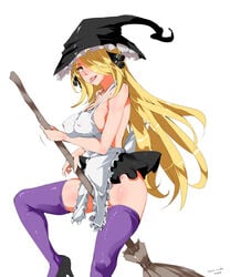 :p apron bare_shoulders blonde_hair breasts broom cleavage crotch_rub cynthia_(pokemon) erect_nipples female female_only hair hair_ornament hair_over_one_eyes hair_tubes high_heels highres human human_only large_breasts legwear long_hair looking_at_viewer masturbation naughty_face no_panties nyuu_(manekin-eko) pleated_skirt pokemon saliva shiny shiny_clothes shiny_skin simple_background skirt solo thighhighs tongue tongue_out very_long_hair white_background witch yellow_eyes