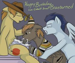 anal anal_sex apple birthday braeburn_(mlp) cake cum cum_in_mouth cutie_mark earth_pony english equine fatalfox fellatio feral feral_on_feral friendship_is_magic fur furry furry_only horse male male_only multiple_males my_little_pony no_humans oral oral_sex original_character pegasus penetration pony sex soarin_(mlp) spitroast threesome trio umber wings wonderbolts_(mlp) yaoi