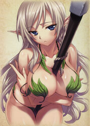 1girls alleyne between_breasts between_thighs bikini blonde_hair blue_eyes braid breast_hold breasts cleavage elf female high_resolution large_breasts leaf leaf_bikini leaf_clothing leaf_on_breast leaf_on_crotch long_hair matsuryuu object_between_breasts pointy_ears queen's_blade side_braid solo swimsuit thighs