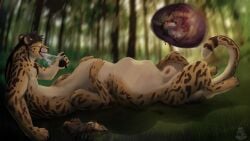 16:9 2022 abdominal_bulge absurd_res after_vore animal_genitalia anthro blurred_background canid canine cheetah clothing duo felid feline forest fox genitals hi_res internal male male/male mammal nolow nolow_(character) nude oral_vore outside plant prey_bulge regurgitation sheath slime tree vore widescreen