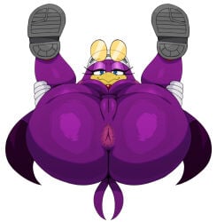 anthro anus avian beak big_anus big_breasts big_butt bird blue_eyes breasts butt clothing eyelashes female footwear footwear_only genitals hi_res hirundinid legs_up looking_at_viewer lying mostly_nude nipples non-mammal_breasts non-mammal_nipples on_back oscine passerine purple_body sega shoes shoes_only simple_background solo sonic_riders sonic_the_hedgehog_(series) spread_legs spreading sssonic2 swallow_(bird) thick_thighs vulva wave_the_swallow white_background wide_hips