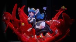 16:9 3d_(artwork) 4k absurd_res arm_stockings arthropod belt big_butt blood blue_hair bodily_fluids bone bottomwear butt cartoon_gore clothed clothing crown demon digital_media_(artwork) ear_piercing ear_ring eyeball female finger_to_mouth fingernails fly_(animal) freckled_butt freckles glowing glowing_eyes hair headgear hi_res humanoid insect legwear long_ears long_fingernails long_nose looking_at_viewer miniskirt mosquito nails peppuri piercing pink_eyes purple_body purple_skin ring_piercing siakstuff skirt smile solo spade_tail tail thigh_highs topwear tube_top twintails_(hairstyle) upskirt widescreen