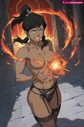 1girl ai_assisted ai_generated black_hair black_panties blue_eyes breasts collarbone convenient_censoring dark-skinned_female dark_skin female female_only fire garter_belt hair_tubes korra long_hair looking_at_viewer medium_breasts navel panties ponytail smile solo stelmazura the_legend_of_korra thighhighs toned topless underwear