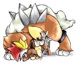 anal balls brown_fur cum cumshot eevee entei fur furry furry_ears furry_tail gay male no_humans orgasm plain_background pokemon size_difference tail tranquilmyst white_background yellow_eyes