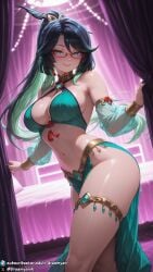 1girls ai_generated big_breasts black_hair blue_eyes breasts crop_top curvy curvy_body curvy_female dancer dancer_outfit dreamyan_ai female female_focus female_only genshin_impact glasses green_hair harem_outfit hi_res high_quality high_resolution highres large_breasts looking_at_viewer midriff ponytail seductive seductive_eyes seductive_look seductive_mouth seductive_pose seductive_smile smile smiling solo solo_female solo_focus thick_ass thick_thighs thighs uncensored xianyun_(genshin_impact)