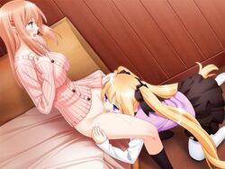 2girls bed bedside black_legwear blonde_hair blue_eyes blush bottomless breasts brown_hair cardigan casual censored cunnilingus female game_cg green_eyes hair_ornament hair_ribbon hairclip hand_on_another's_head houraisen_runa kneehighs long_hair multiple_girls naked_cardigan open_mouth oral peko pussy_juice ribbon skirt sono_hanabira_ni_kuchizuke_wo suminoe_takako thighhighs tied_hair tongue twintails very_long_hair white_legwear yuri