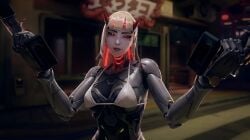 1girls 2d ai_edit ai_generated android bikini bikini_top edit edited overwatch red_eyes robot robot_girl robot_humanoid shion solo solo_female white_bikini white_hair