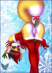 anthro ass back_view bent_over black_hair canine christmas ear_piercing female female_only fox fur furry_ass furry_tail hair holidays looking_back malice mammal mark_haynes mistletoe nude orange_fur piercing pussy red_hair solo stockings tail white_fur yellow_eyes