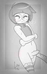 1boy 1femboy 2026 after_spanking artist_signature balls black_hair blush bob_cut bottomless cat_thighhighs dripping_precum embarrassed embarrassed_femboy femboy femboy_focus femboy_only fernal-scarlet fondly_scarlet glasses original precum precum_drip round_glasses striped_thighhighs taffy_(fernal-scarlet) testicles thighhighs turtleneck_crop_top uncircumcised uncut yardstick