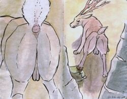 antlers anus balls brown_body brown_fur butt close-up dated deer feral fur genitals hi_res hooves horn looking_at_viewer looking_back looking_back_at_viewer mammal outside painting_(artwork) pink_anus presenting presenting_anus presenting_hindquarters raised_tail rear_view rock shufflefur smile smiling_at_viewer smirk smirking_at_viewer tail traditional_media_(artwork) traditional_painting_(artwork) traditional_watercolor_(artwork) watercolor_(artwork)