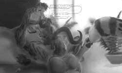 2022 abdominal_bulge absurd_res anthro balls bodily_fluids brick cheetah claws cum dialogue dragon english_text felid feline flared_penis genital_fluids genitals hi_res male mammal monochrome motion_lines mythological_creature mythological_scalie mythology nolow nolow_(character) nude paws penis scalie solo submissive submissive_male taur text vek