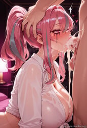 1boy 1girl ai_generated azur_lane bangs blush bra breasts bremerton_(azur_lane) cleavage clothed_female_nude_male collared_shirt cum cum_in_mouth cum_in_throat cum_on_body cum_on_breasts cumdrip deepthroat ejaculation erection facial_mark fellatio gokkun hair_between_eyes heart heart-shaped_pupils hetero jewelry kurorgy large_breasts long_hair mole mole_on_breast mole_under_eye multicolored_hair necklace nude oral penis pink_eyes pink_hair saliva shirt sidelocks streaked_hair sweat symbol-shaped_pupils testicles tied_shirt twintails two-tone_hair uncensored underwear veiny_penis white_shirt