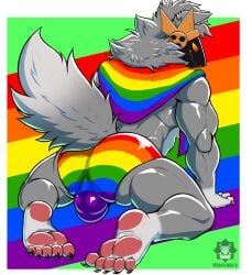 absurd_res all_fours anthro balls_outline bulge bulge_from_behind butt canid canine canis clothing detailed_bulge flag_clothing genital_outline hi_res khayen lgbt_pride lgbt_pride_month machine male mammal multicolored_clothing multicolored_underwear presenting presenting_hindquarters pride_colors protogen rainbow_clothing rainbow_flag rainbow_pride_flag rainbow_symbol rainbow_underwear solo toomuchbutters underwear wolf