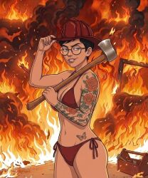 1girl 1girls ai_generated axe bikini bikini_bottom bikini_top black_hair breasts carmen_sandiego_(2019) carmen_sandiego_(franchise) cleavage female female_focus female_only fire fire_background firefighter firefighter_helmet firefighter_uniform hat headgear helmet holding_axe holding_helmet holding_object julia_argent julia_argent_(carmen_sandiego) looking_at_viewer red_bikini red_bikini_bottom red_bikini_top short_hair smirk solo solo_female solo_focus standing tipping_hat toolbox uniform zupern0va_(manipper)