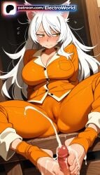 1boy 1girl 1girls 2026 ai_generated animal_ears artist_name bakemonogatari barefoot black_hanekawa blush boobs breasts bust chest cock cum cum_on_body cum_on_clothes dick electroworld feet hanekawa_tsubasa hetero hi_res high_quality high_resolution highres long_hair monogatari_(series) orange_jacket orange_pants orange_shirt patreon patreon_username penis solo_focus stable_diffusion tits watermark white_hair